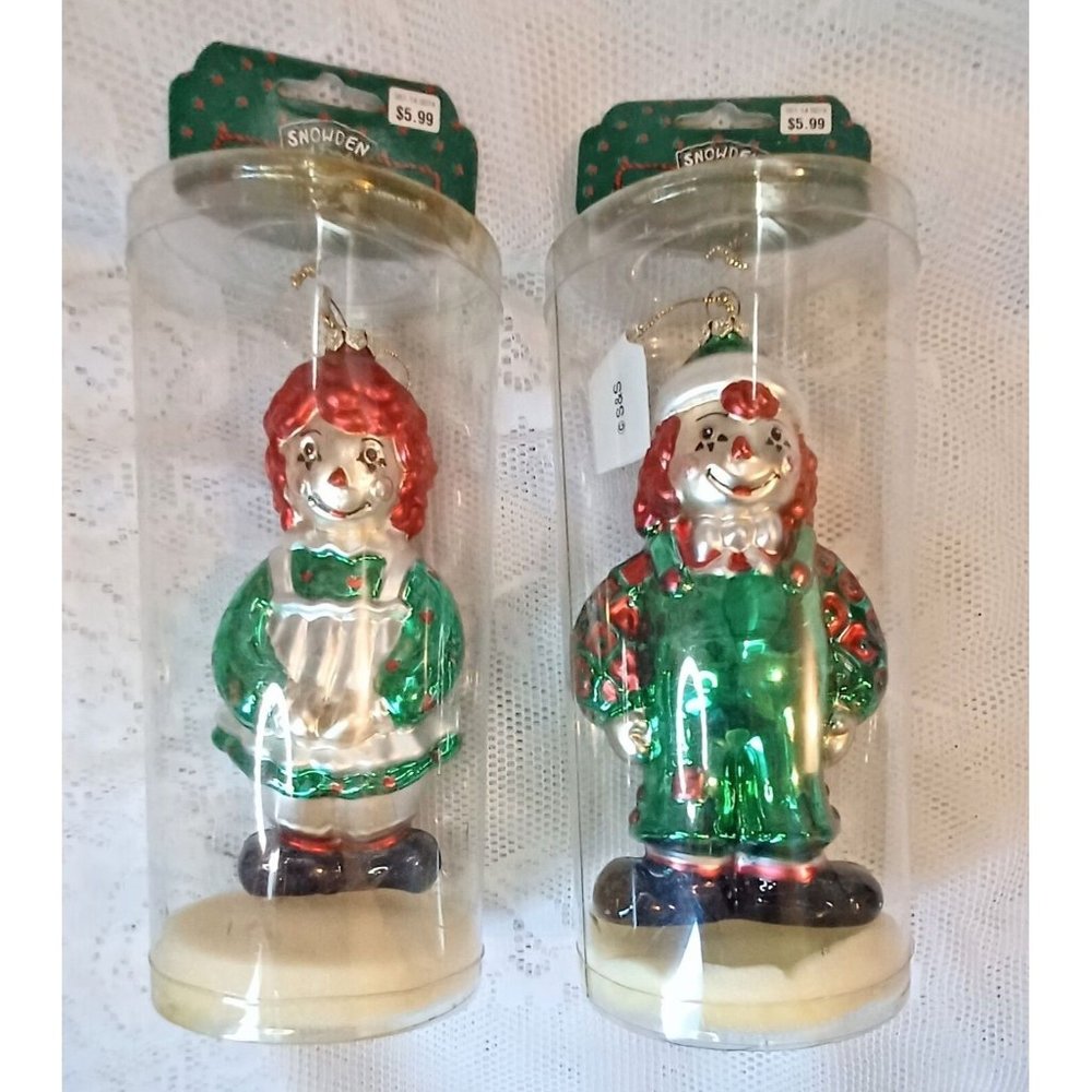 Raggedy Ann and Andy Christmas bulbs Rare Handcrafted polished glass ornament